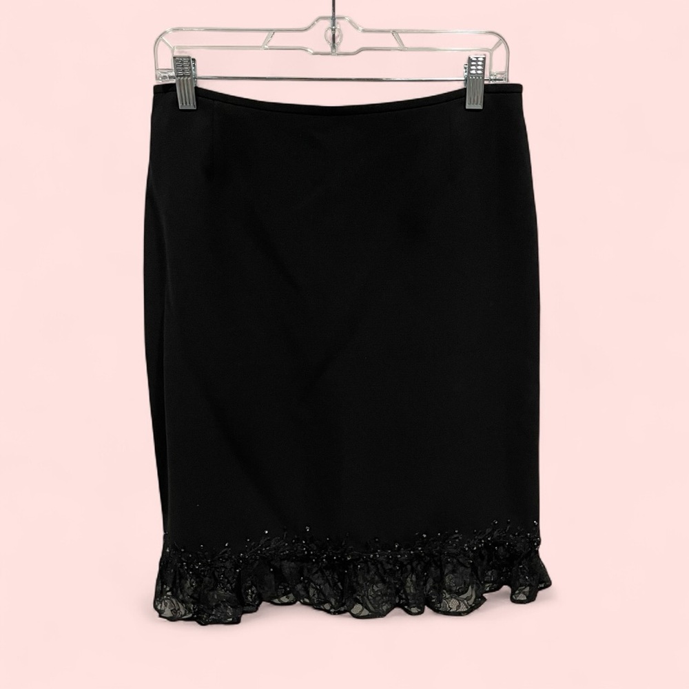 Vintage 90’s black pencil lace sequin trim pencil mini skirt Tahari Levine